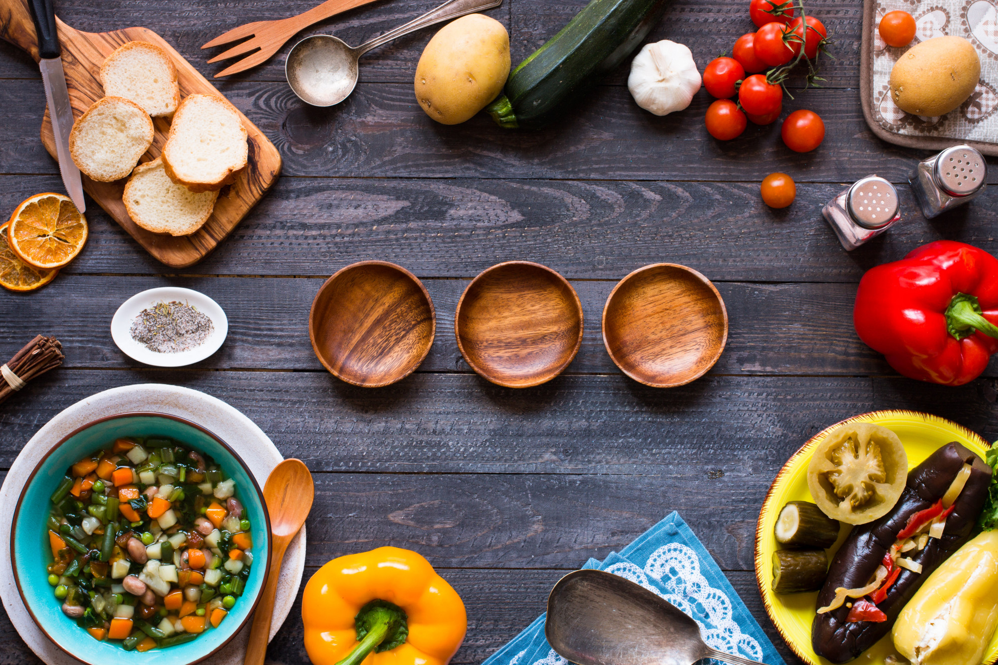 Collection of finished dishes on a wooden table